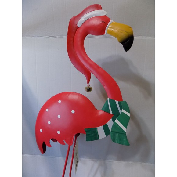 NEW Christmas Metal Flamingo Statue Figurine Florida Coastal Decor - Picture 7 of 9